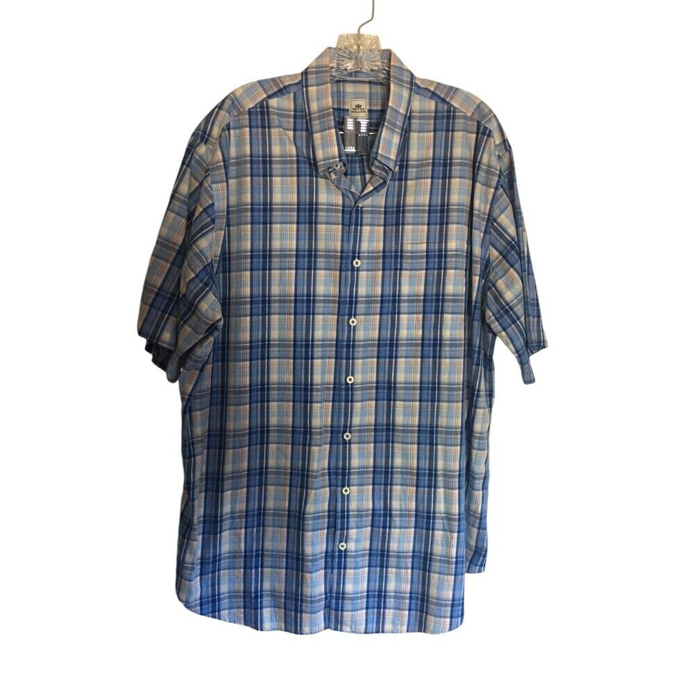 Peter Millar Shirt Men's Size XL Blue Plaid Button Up 100% Cotton Short Sleeve